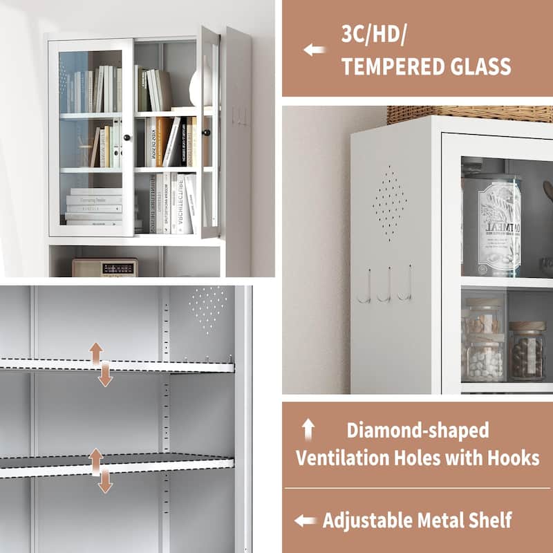 72" Metal Storage Pantry Cabinet, Freestanding Stainless Steel Frame with Adjustable Shelves and Glass Doors