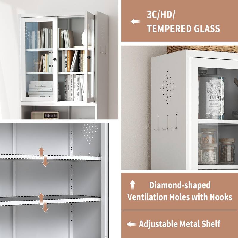 Storage Cabinet with Adjustable Shelves, Heavy Duty Kitchen Pantry Cabinet, Freestanding Cabinet with Glass & Metal Doors