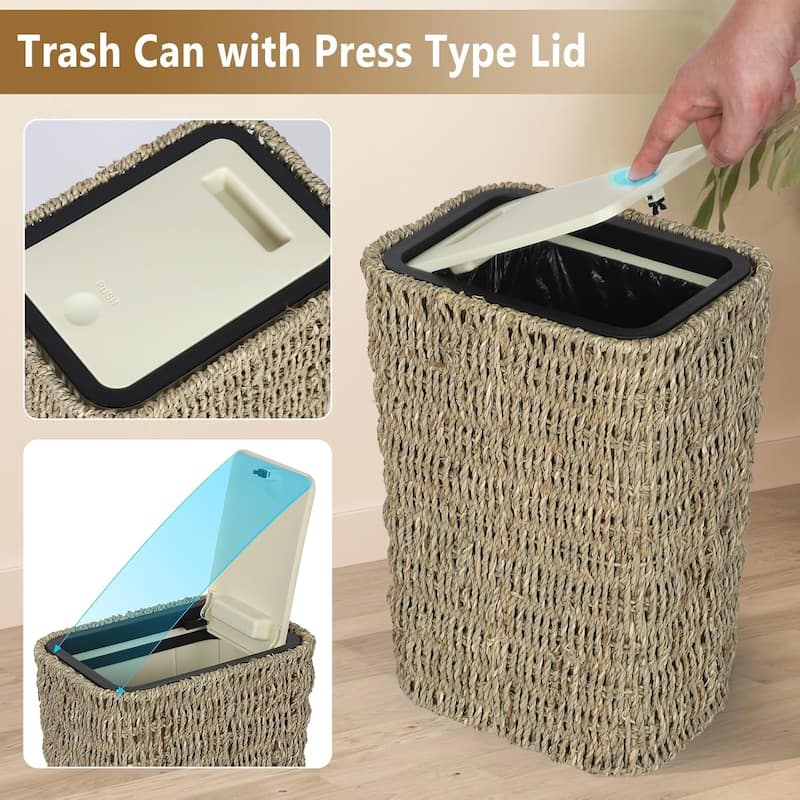 Trash Can with Lid 2.6 Gallon Small Rattan Press Top Slim Wicker 2 in 1 Waste Basket Hamper Seagrass for Bathroom Kitchen