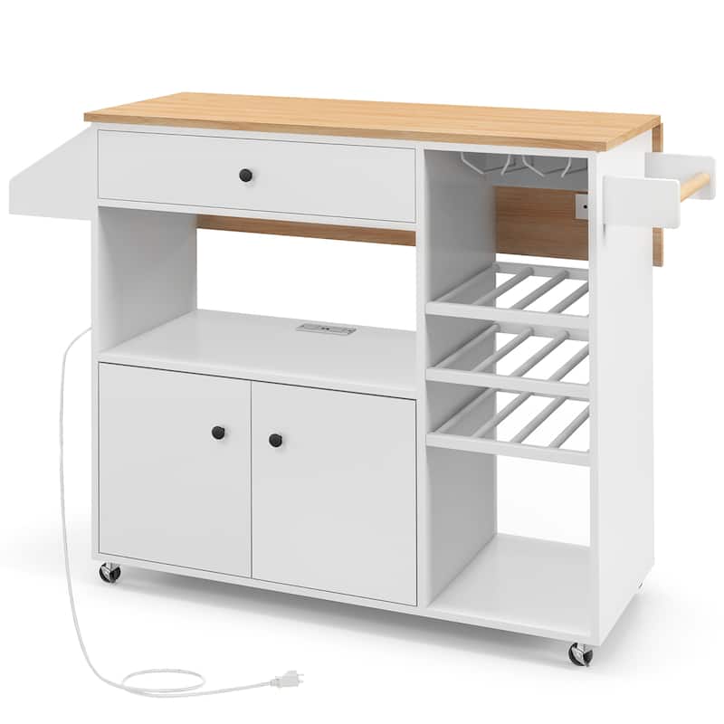 Gymax Kitchen Island Cart w/ Drop-Leaf & Power Outlet Microwave Shelf