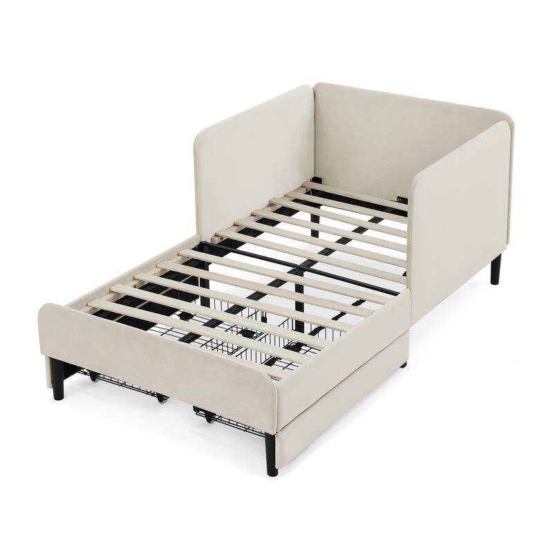 Roomfitters Twin/Full Upholstered Platform Bed with Side Backrest and Underbed Storage Trundle