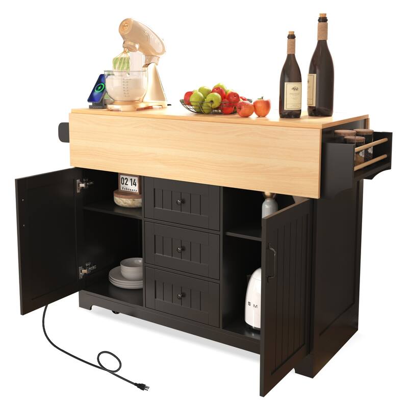 55.7" Large Kitchen Island with 2 Drop Leaf, on 5 Wheels with Power Outlet, Dining Table with Spice Towel Rack, 3 Drawers