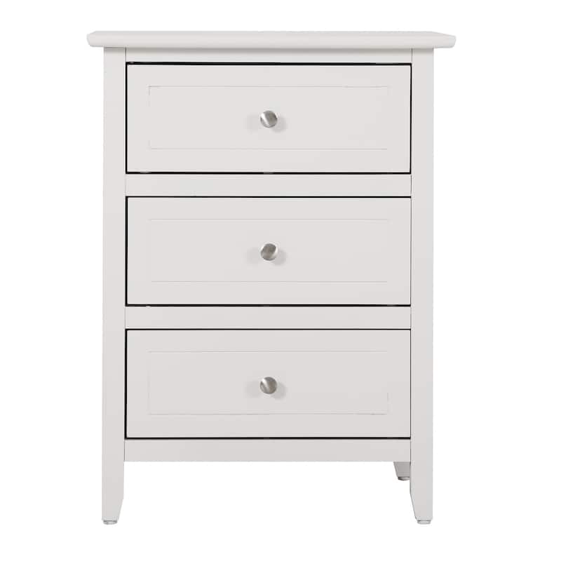 White Nightstand 25x19x15 with Three Drawers, Compact Transitional Bedside Table for Storage and Bedroom Organization