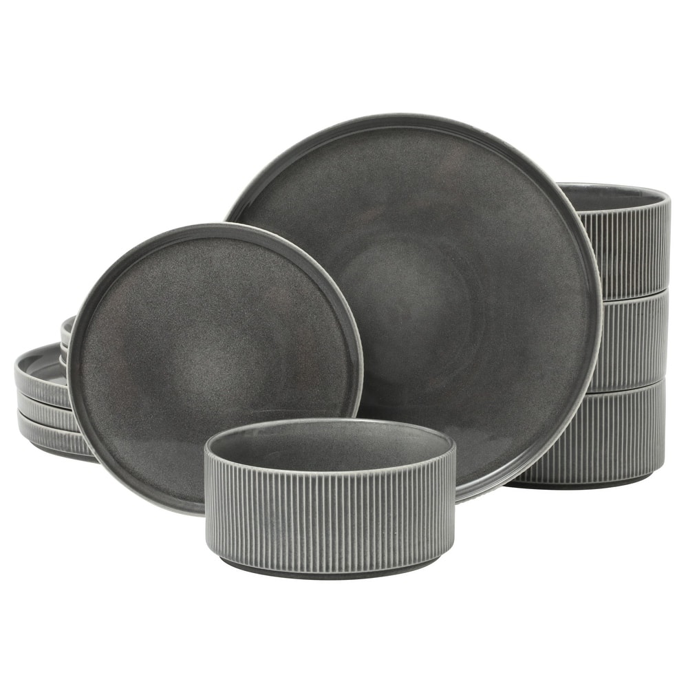 Gibson Elite Solana Coast 12 Piece Stoneware Reactive Glaze (Service for 4) Plates and Bowls Modern Shape Dinnerware Set