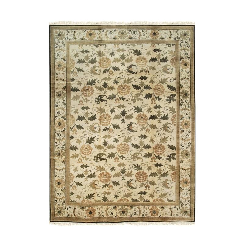 Ivory Handmade Wool Transitional Ningxia Rug, 9' x 12', Soft Wool, Hand Knotted, Elegant Subtle Design Rug - N/A