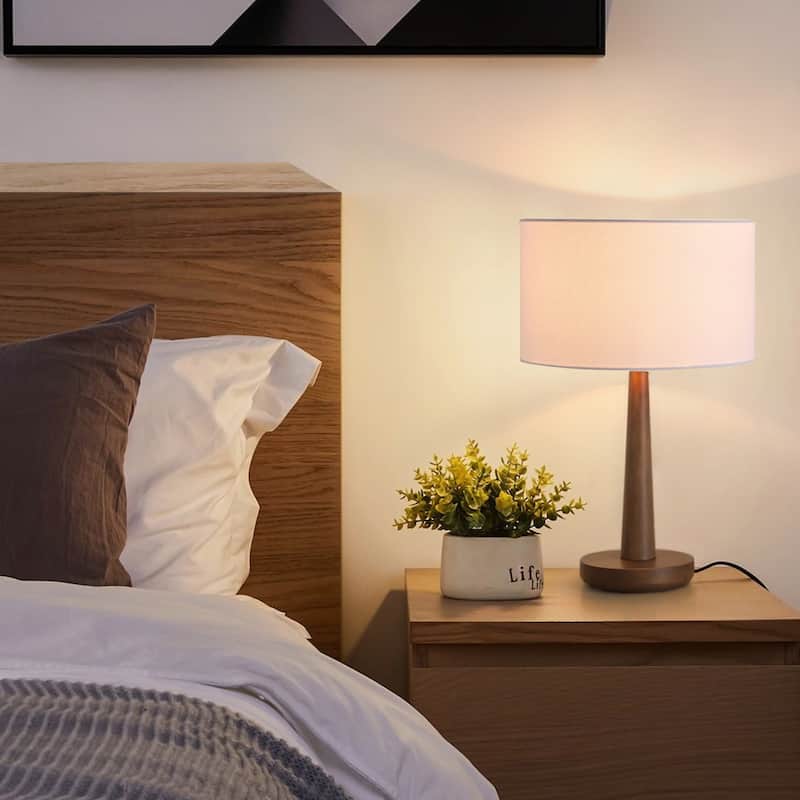 18.5" Modern Table Lamp with Walnut Wood Base, Dimmable Bedside Lamp, UL Listed