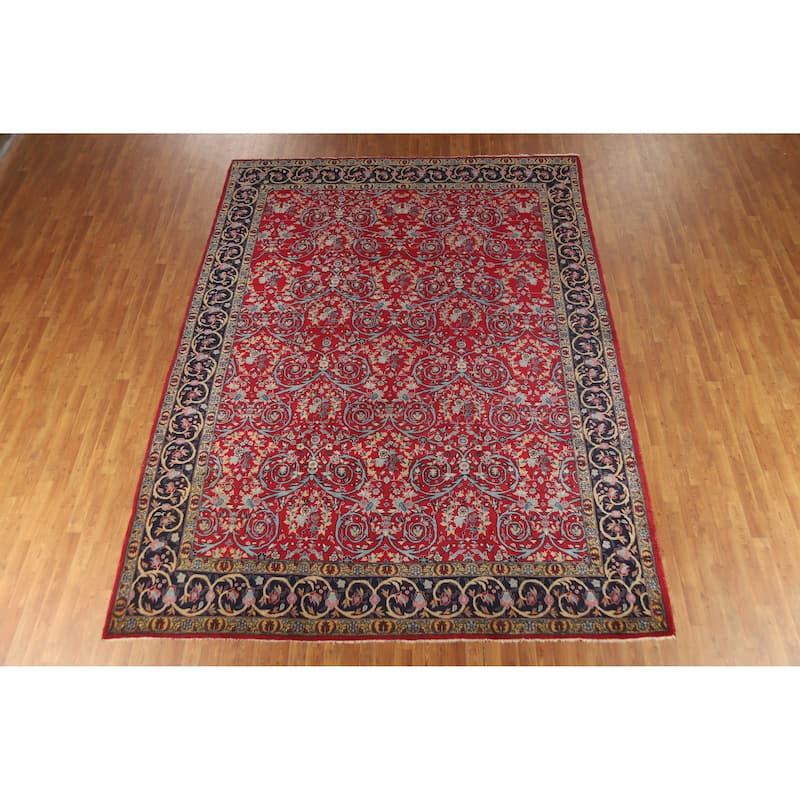 Hand Knotted Oriental 100% Wool Carpet Traditional All-Over Red Kerman Area Rug - 12' 2'' X 9' 2''