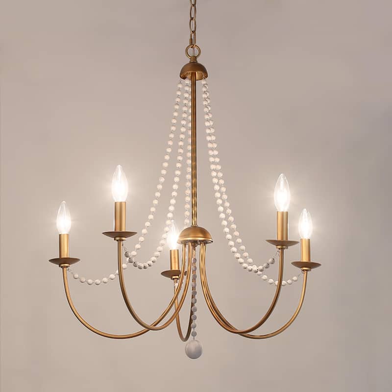 Alisar Mid-century Modern 5-Light Chandelier Swing Arms French Country Wood Beads Pendant Lights for Dining Room - D 25'' x H85.5'' - Antique Brushed Brass