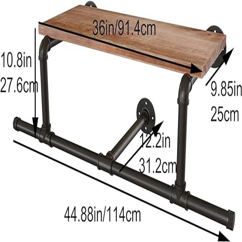 36In Industrial Pipe Clothing Rack with Top Shelf - 11.02"D x 44.88"W x 9.05"H