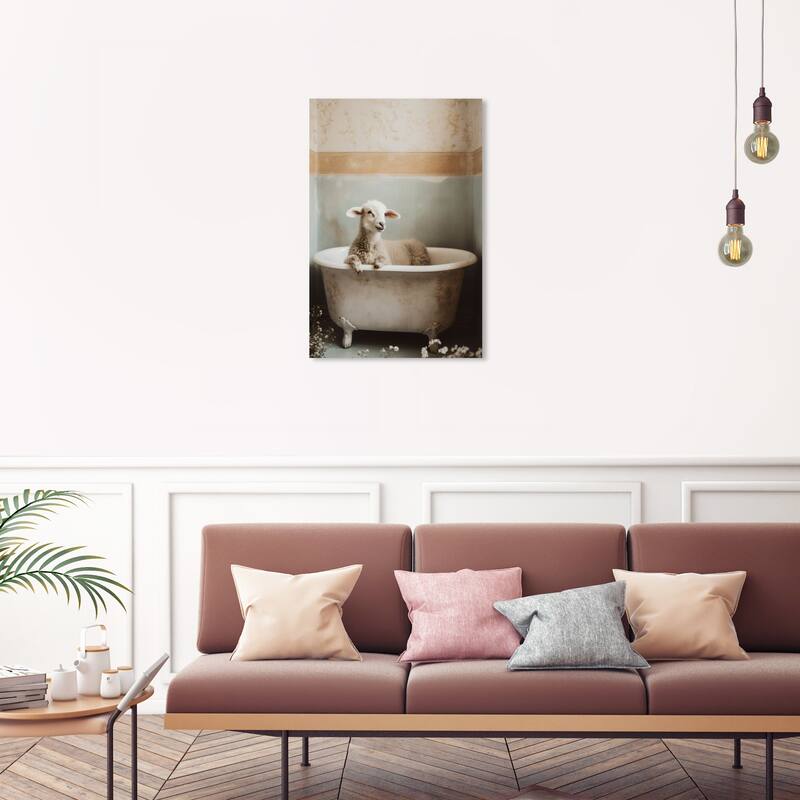 Wynwood Studio Canvas Animals Lamb in a Bath White and Farmhouse Wall Art Canvas Print - White, Gold - 30 x 20