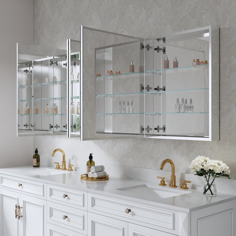 72''/80''W X 30''H Recessed Or Surface Wall Mount Bathroom Medicine Cabinet With Adjustable Glass Shelves