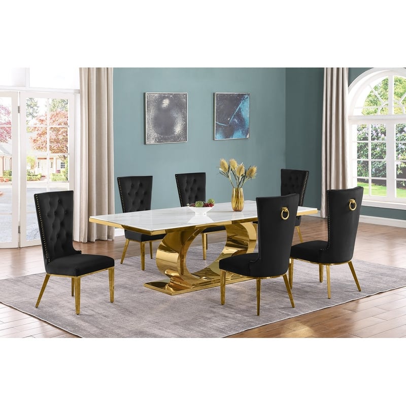 Best Quality Furniture D432/3-SC330-7 Dining Set with 87" White Marble Top - Black / Gold - 7-Piece