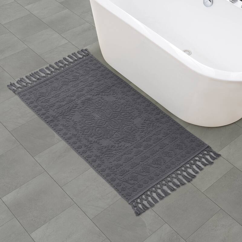 French Connection Nellore Fringe Cotton Bath Rug - 26x49 - Charcoal
