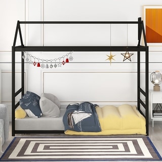 Twin Size Metal House-Shaped Floor Bed with Roof and Chimney Design