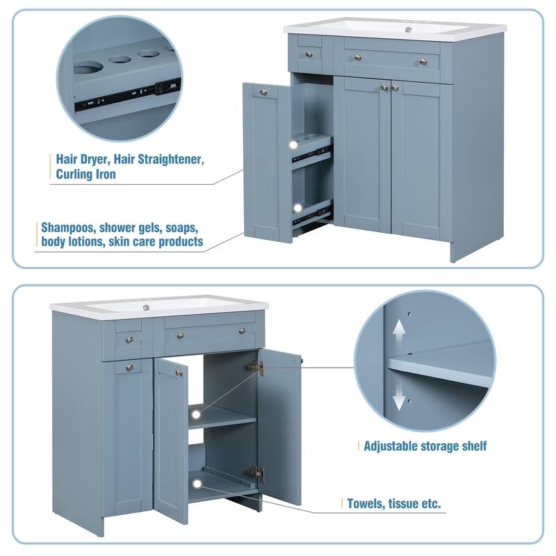Modern 30-Inch Bathroom Vanity Cabinet with Easy-to-Clean Resin Integrated Sink in Blue