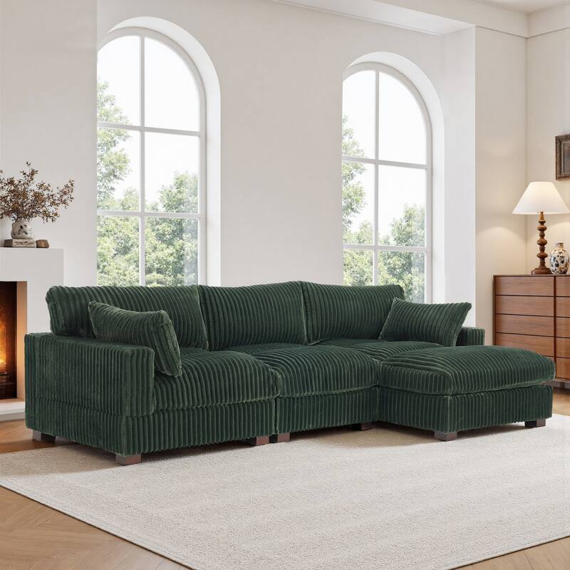Plush Corduroy Upholstered Modular Sectional Sofa with Chaise - Right Facing - Green-3 Pieces