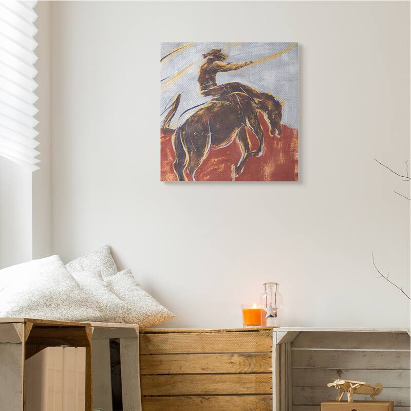 Stupell Western Cowboy Lasso Horse Buck Red Blue Canvas Wall Art