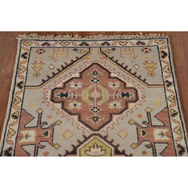 Geometric Beige Kazak Indian Runner Rug Handmade Wool Carpet - 2'5"x 7'8"