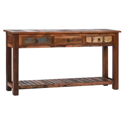 Journee 58-inch Distressed Painted Reclaimed Hardwood 3-Drawer Storage Console Table