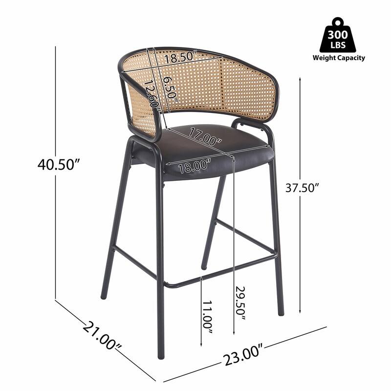 Ethan Upholstered Metal Bar Stools with Faux Leather Seat and Rattan Back, Set of 2