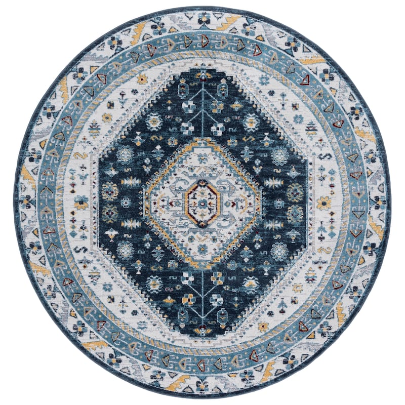 SAFAVIEH Bayside Machine Washable Surmeli Shabby Chic Rug - 6'7" Round - Navy/Blue