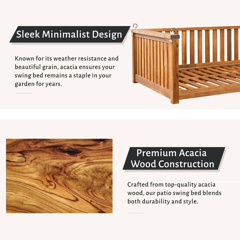 Acacia Wood Twin Size Patio Swing Bed, Outdoor Porch Hanging Bed with Safe Sloped Design and Hemp Ropes for Garden or Backyard