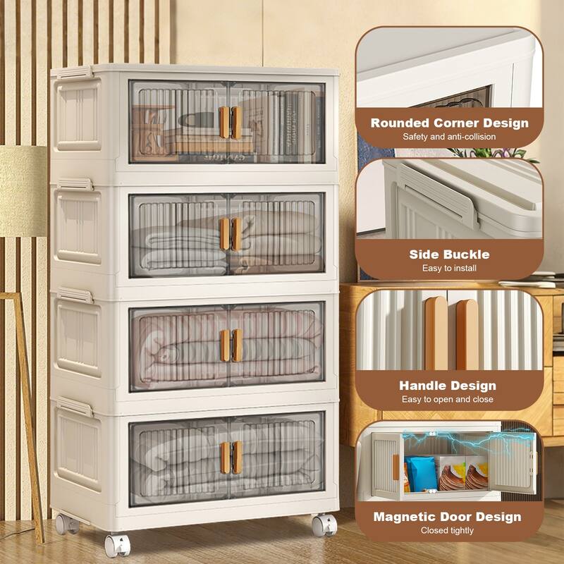 Stackable Storage Bins With Lids, 31.5" Folding Storage Box With Doors And Wheels Large Capacity Collapsible