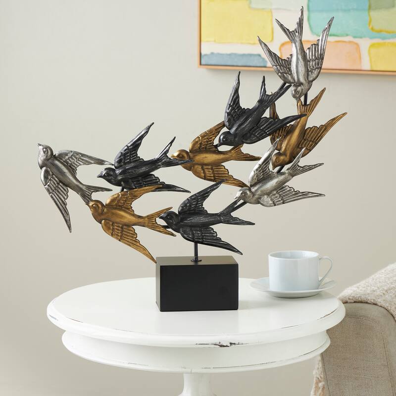 Black Metal Metallic Flying Bird Decorative Sculpture with Black Block Base - Black