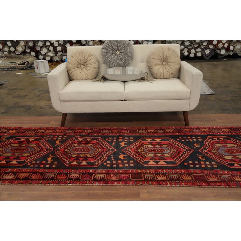 Hand Knotted Oriental 100% Wool Carpet Traditional Tribal Black Ardebil Runner Rug - 9' 7'' X 3' 5''