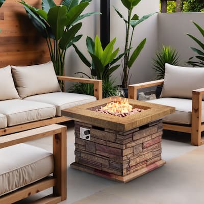 COSIEST Outdoor Square Propane Fire Pit Table w Faux Brown Ledgestone - 32" W x 32" D x 25" H