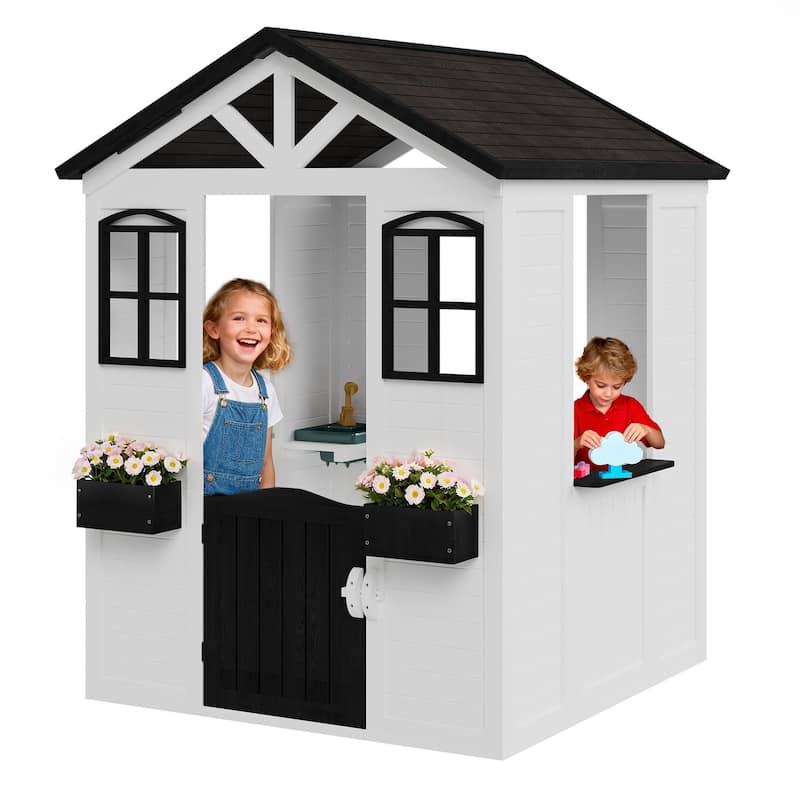 Wooden Adventure Cottage Playhouse for Kids with Working Door, Windows, Service Station, and Flower Pot Holders