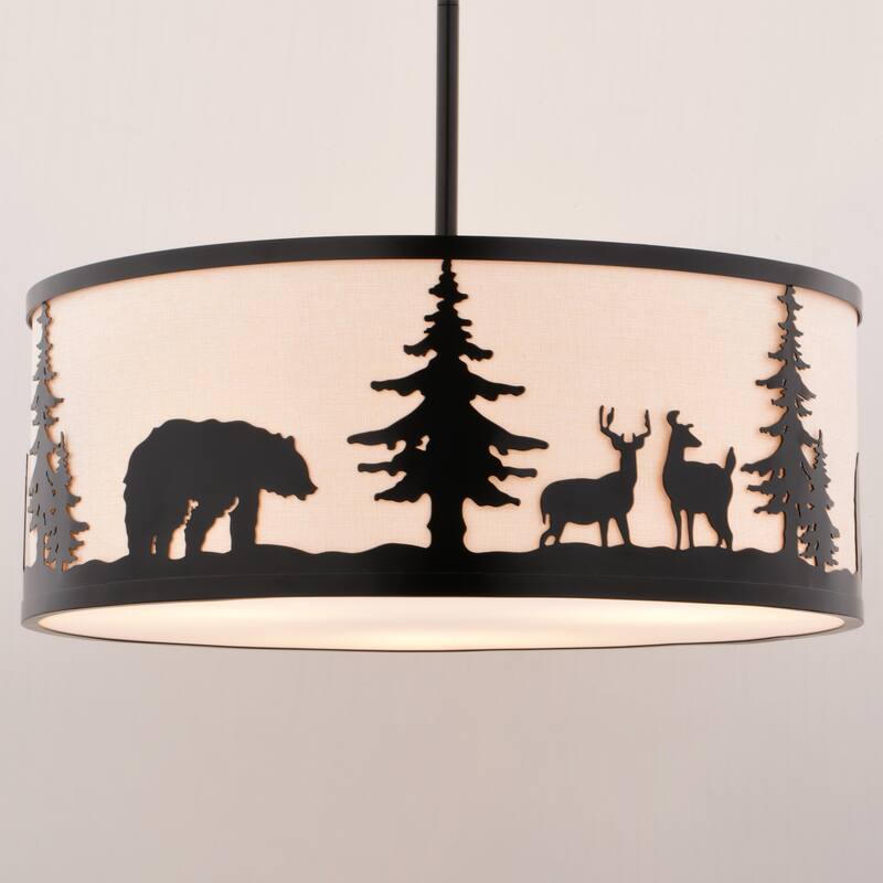 Acadia 3L Bronze Rustic Pendant Light White Linen Bear Deer Tree - 18-in W x 16.75-in H x 18-in D