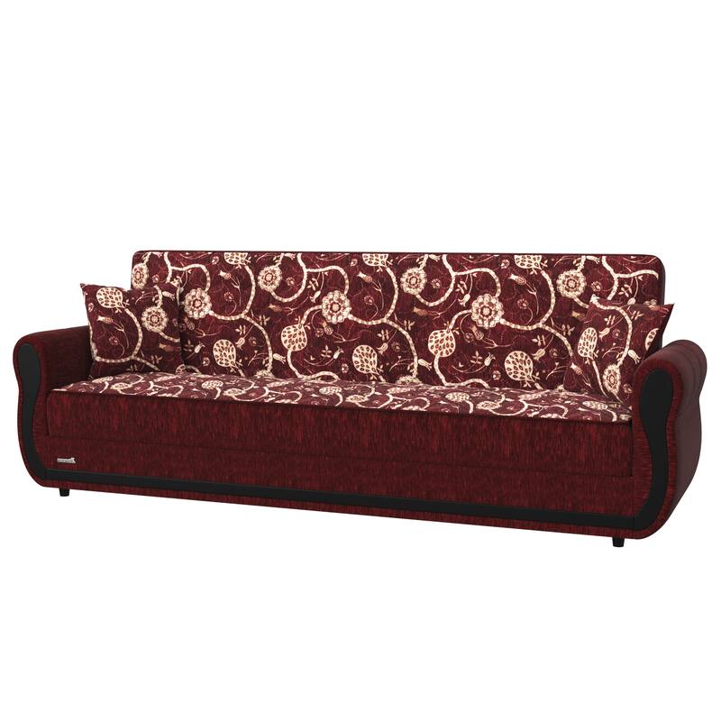 HomeRoots 90" Burgundy Chenille Convertible Futon Sleeper Sofa And Toss Pillows With Storage