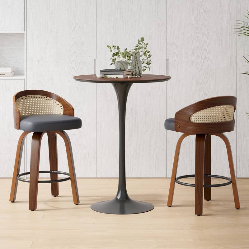 Swivel Bar Stools Set of 2, Modern Wood Frame with Rattan Back, PU Leather Stool for Kitchen Counter, Upholstered Barstools