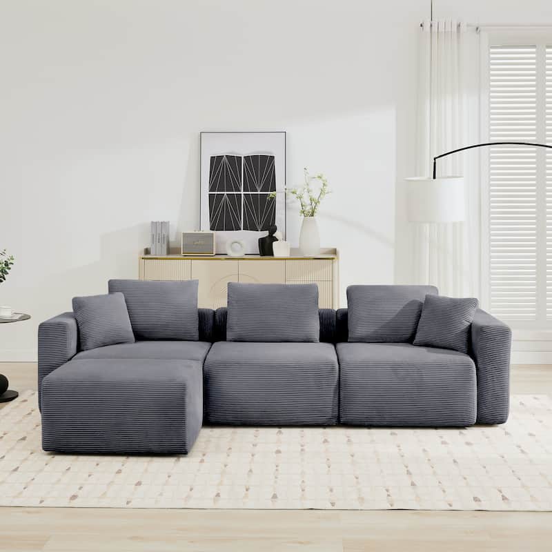Corduroy Sectional Modular Sofa with Square Arms & Ottoman Extension for Flexible Arrangements