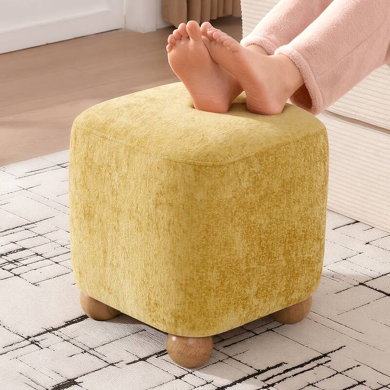 Chenille Upholstered Pouf Ottoman Footstool Acacia Solid Wood Footrest