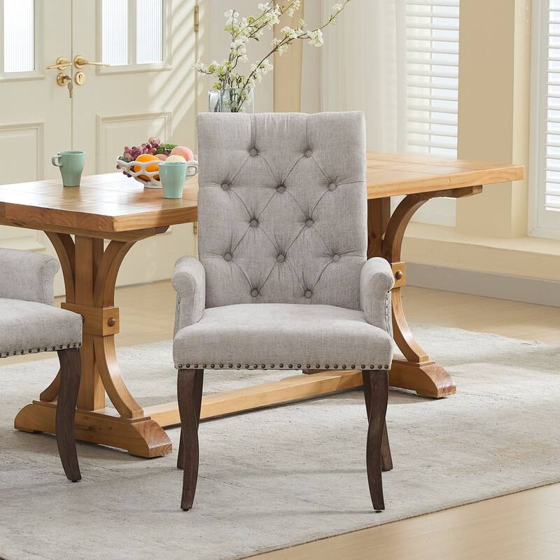 Roomfitters Chenille Upholstered Dining Chair, Tufted High-Back Accent Armchair with Curved Wood Legs
