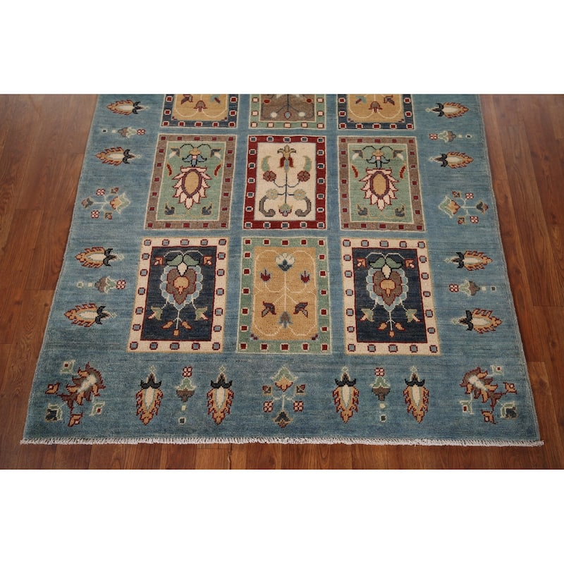 Garden Design Blue Kazak Area Rug Hand-Knotted Wool Carpet - 4'1" x 5'11"