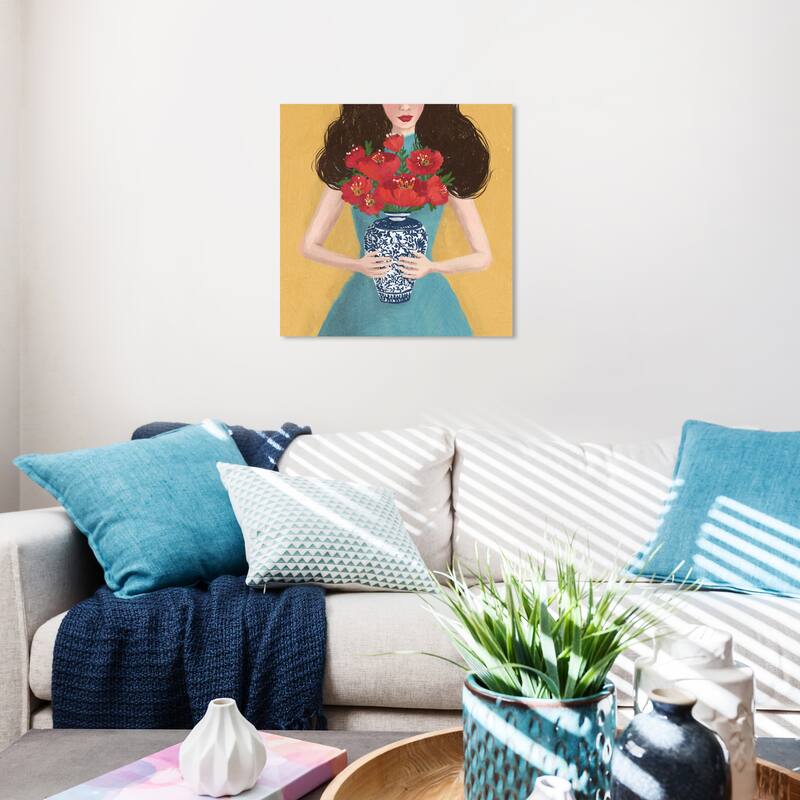 Wynwood Studio Canvas Floral and Botanical Girl with Poinsettias Yellow and Modern & Contemporary Wall Art Canvas Print - 20 x 20