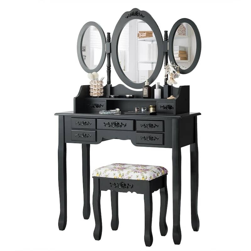7 Drawer Tri-Folding Mirror Dressing Vanity Makeup Set - 35.5" x 16" x 59.5" (L x W x H) - Black