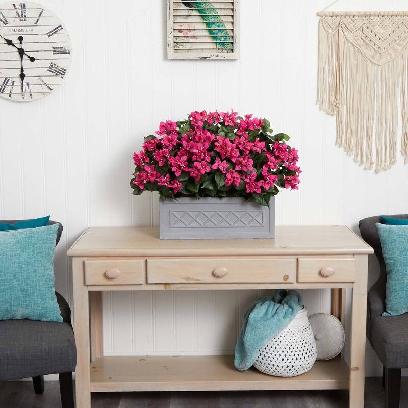30in Bougainvillea Artificial Plant with Pink Blossoms in Cement Stone Planter for Indoor Home Decor