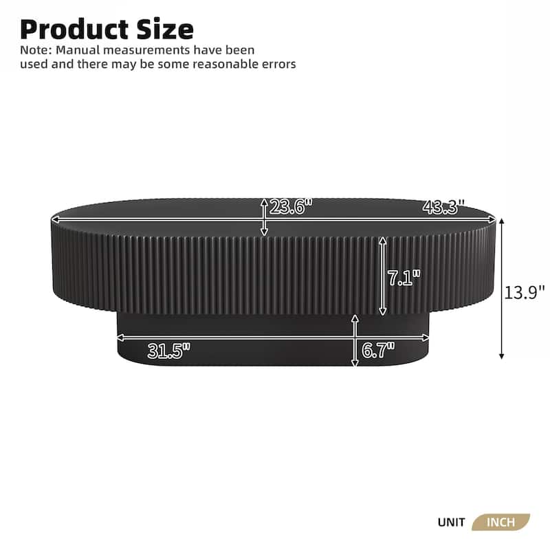 43.3"W Elegant Oval Coffee Table with 6.8"Thick Tabletop, Modern Cream Style Drum End Table, Minimalist Fluted Center Table
