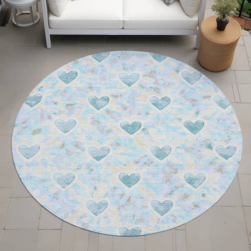 Machine Washable Indoor/ Outdoor Modern Hearts Chantille Rug - Teal - 8' x 8'