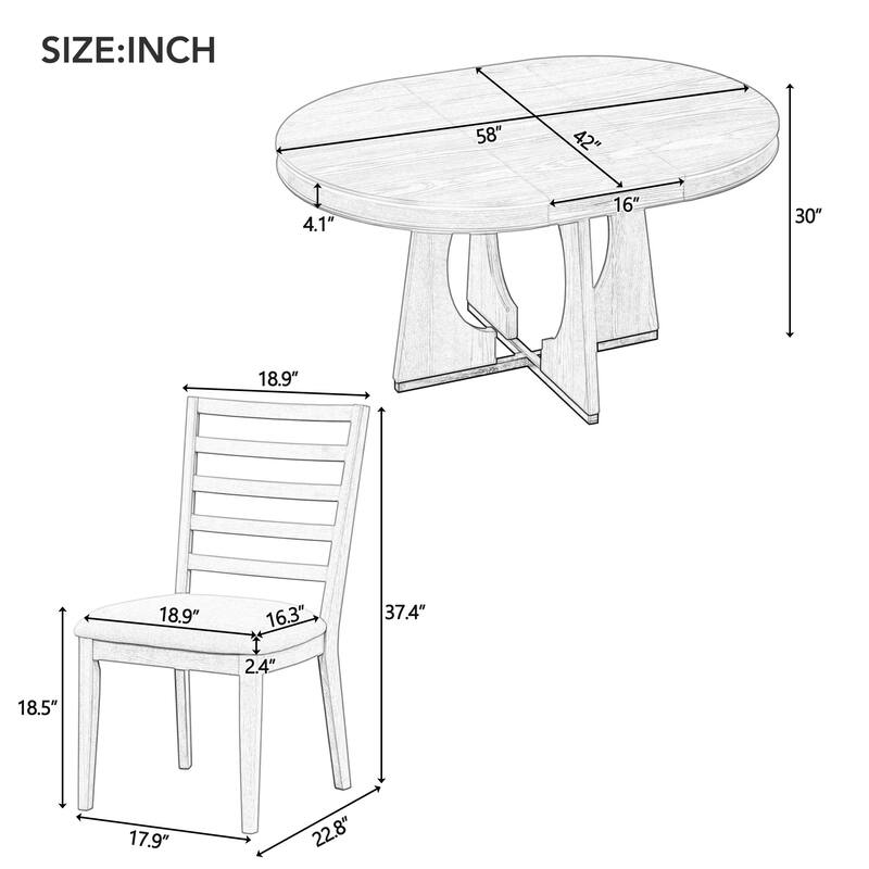 Retro 5-Piece Round Dining Table Set with Leaf Extension and Upholstered Chairs for Kitchen