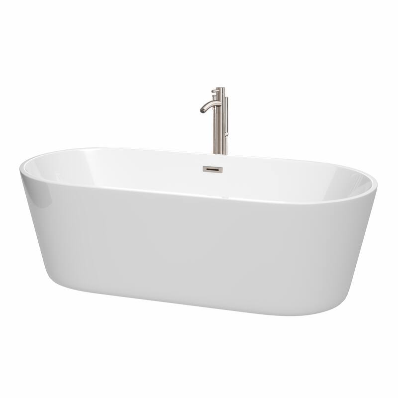 Wyndham Collection Carissa 71-inch White Freestanding Soaking Bathtub - White, Brushed Nickel Trim & Faucet