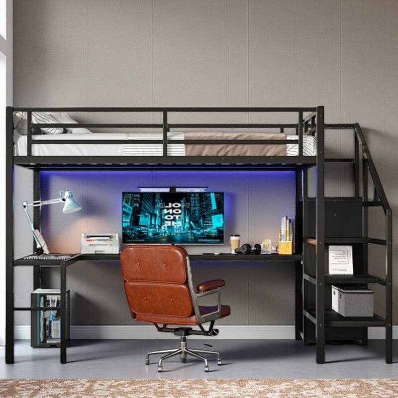 Multi-Functional Loft Bed with Closet, USB Ports, Shelves & Desk, with Storage Stairs - Full Black - Full