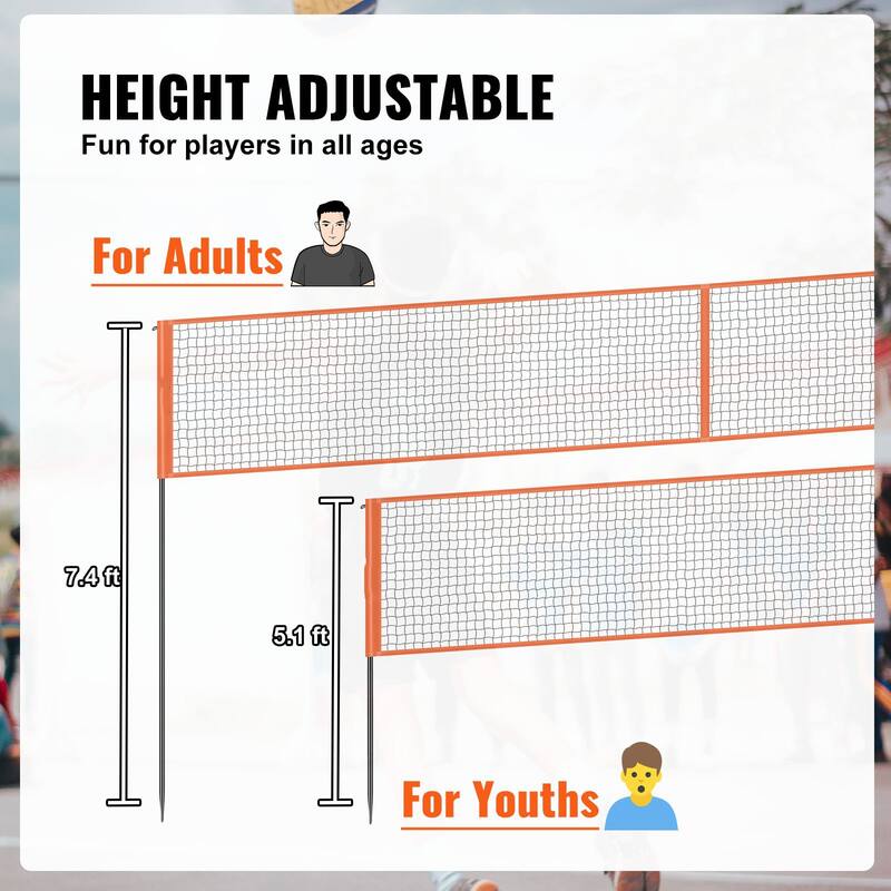Orange Steel and PE Adjustable Volleyball Net, Weatherproof, Portable and Quick Setup