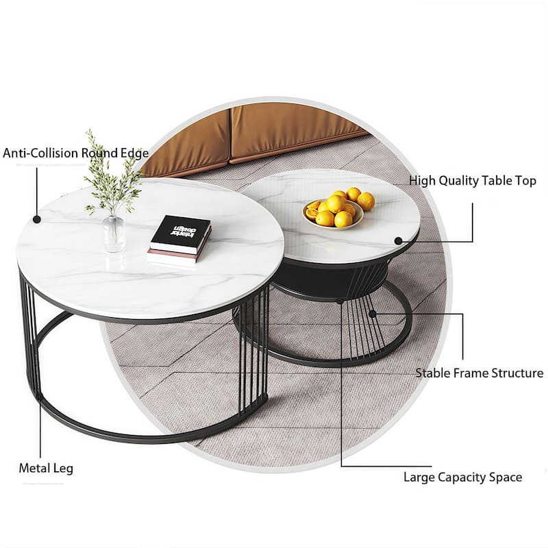 Round Modern Portable Nesting Dining Table Coffee Table (Set of 2)
