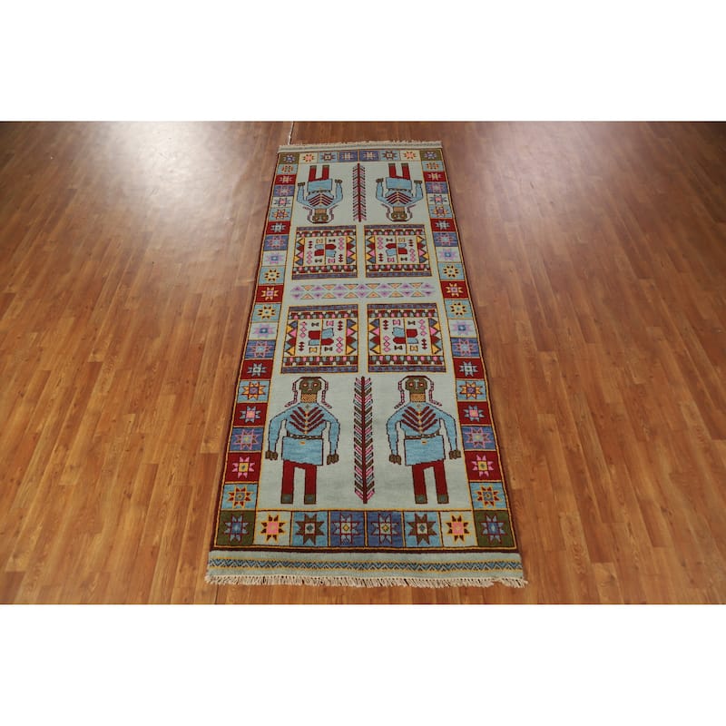 Hand Knotted Oriental 100% Wool Carpet Traditional Tribal Navy Blue & Blues Heriz (serapi) Runner Rug - 9' 7'' X 3' 10''