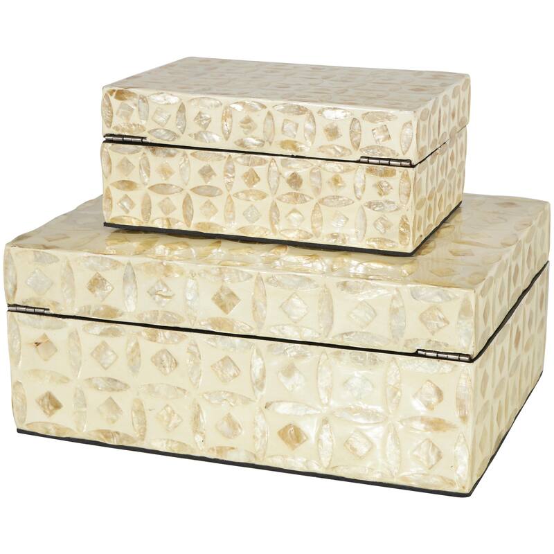 Mother of Pearl Shell Handmade Decorative Box - Set of 2 Beige, Black, Cream, White, Blue, Light Blue - Roche River Decor